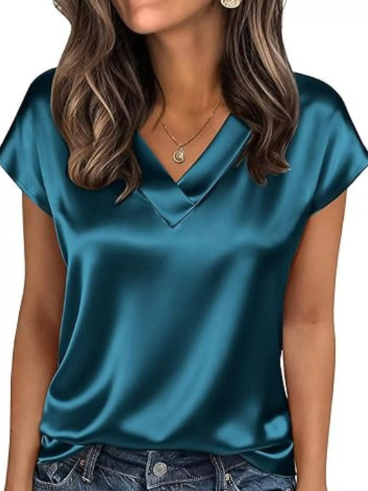 Satin V-Neck Short Sleeve Blouse