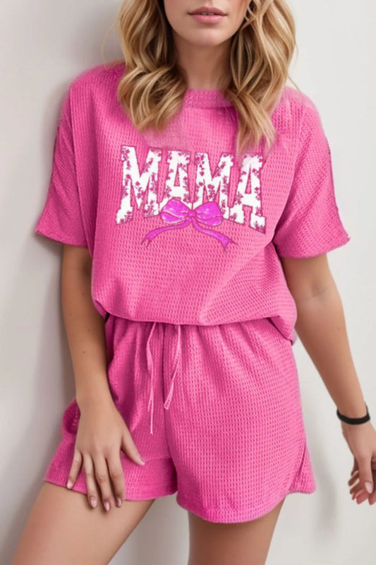 Waffle Sequin Floral MAMA Bow Graphic Top and Shorts Set