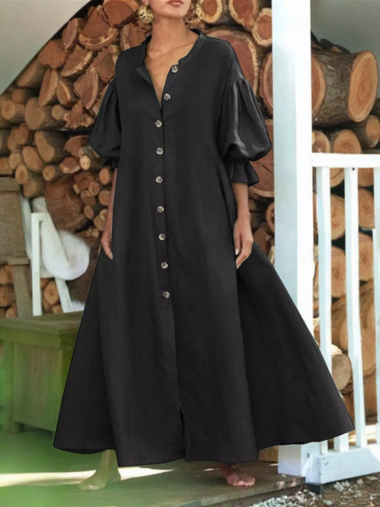 Plus Size Button Front Puff Sleeve Shirt Dress