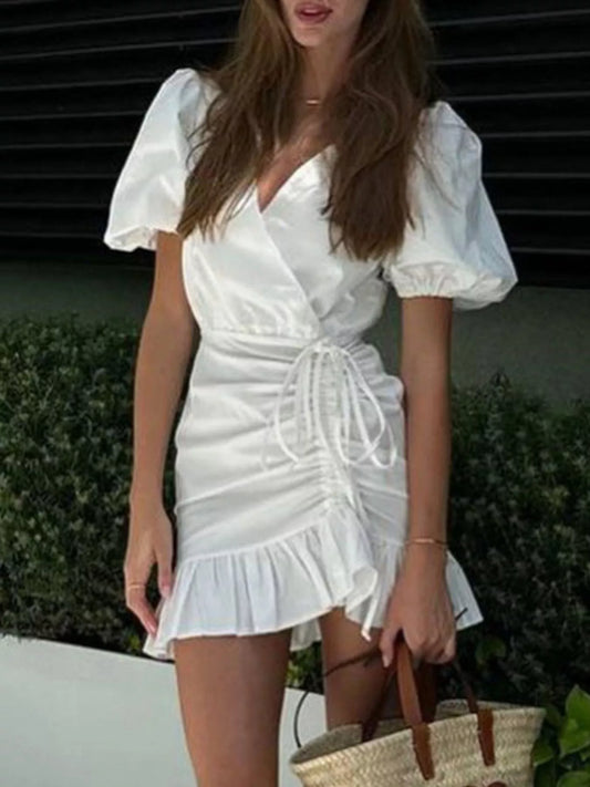 Ruffled Hem Ruched Puff Sleeve Mini Dress