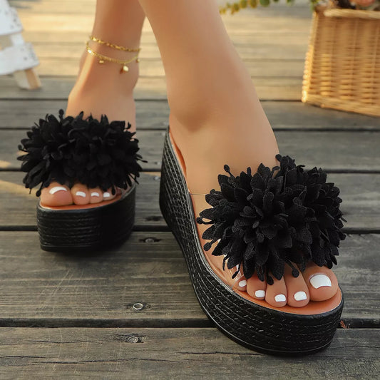 Floral Decor Platform Wedge Sandals