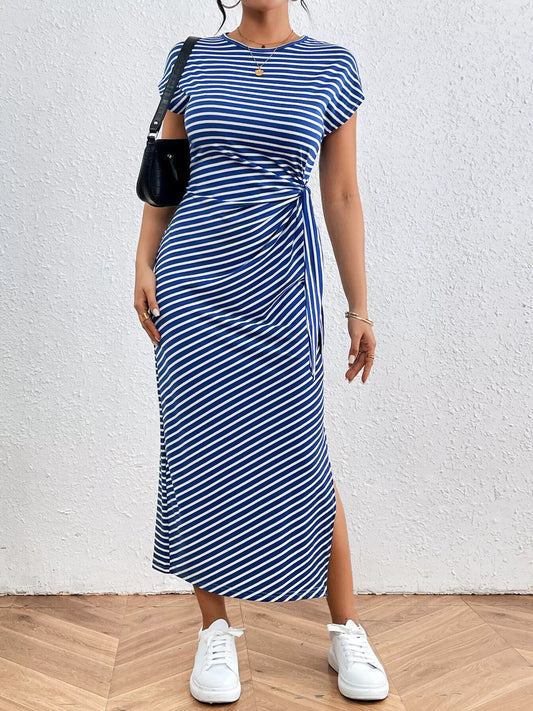 Striped Tie Side Casual Midi Dress