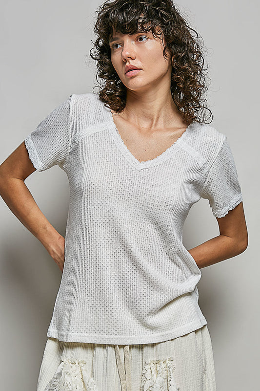 POL Lace Detail V-Neck Short Sleeve Textured T-Shirt