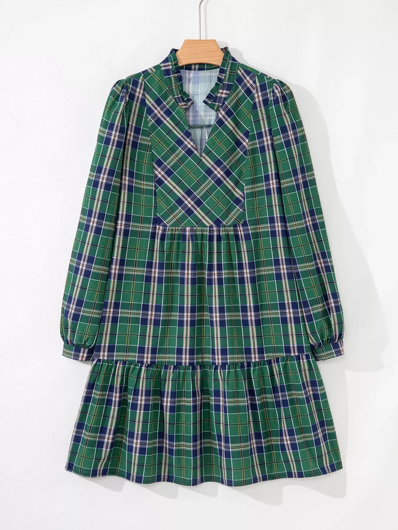 Plaid Frilly Collar Long Sleeve Shift Mini Dress
