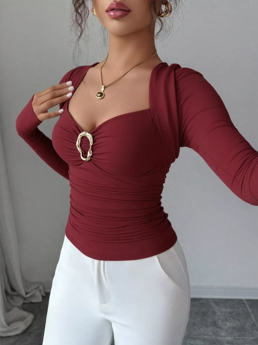 Elegant Ruched Long Sleeve Top with Buckle Detail