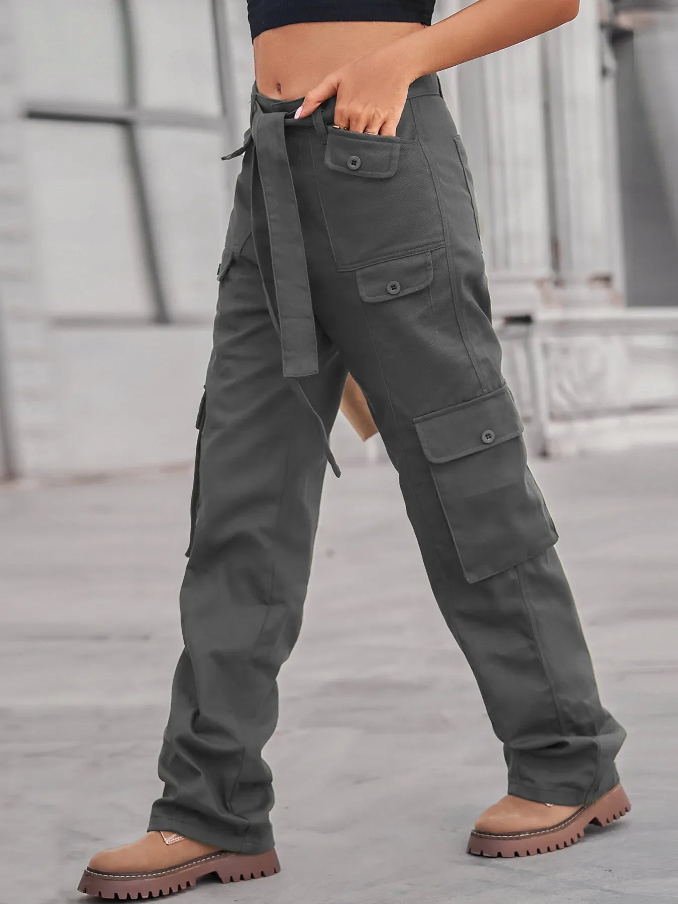 High-Waisted Multi-Pocket Cargo Jeans