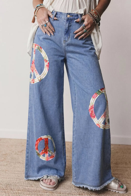 Floral Peace Sign Wide Leg Jeans