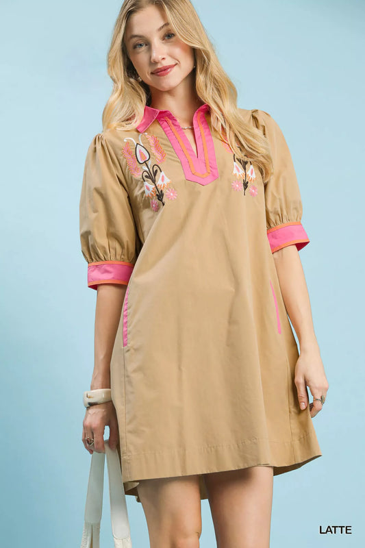 Umgee Embroidered Contrast Trim Tunic Dress