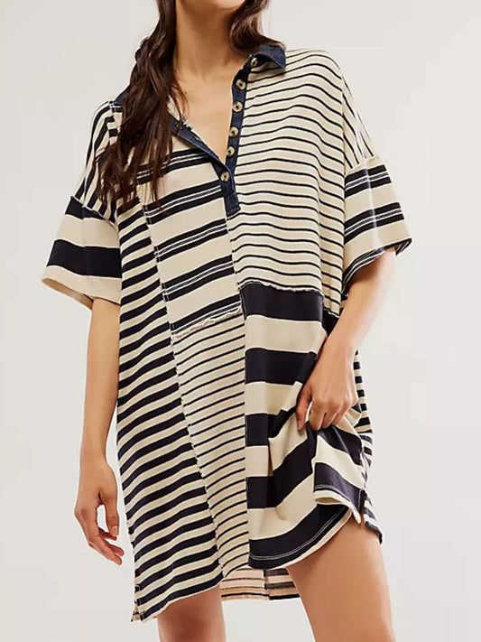 Striped Oversized Half Button Shirt Dress