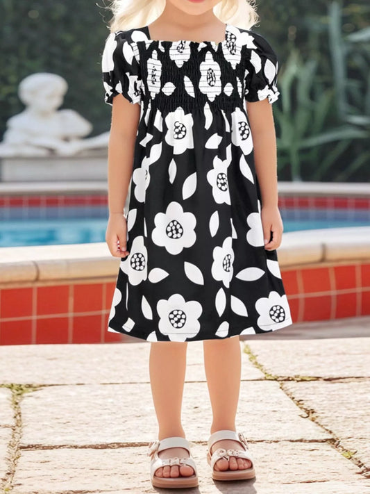 Children's Floral Print Smocked Casual Dress