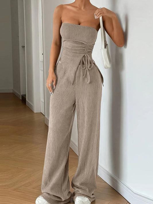 Ribbed Knit Tube Top and Wide Leg Pants Set