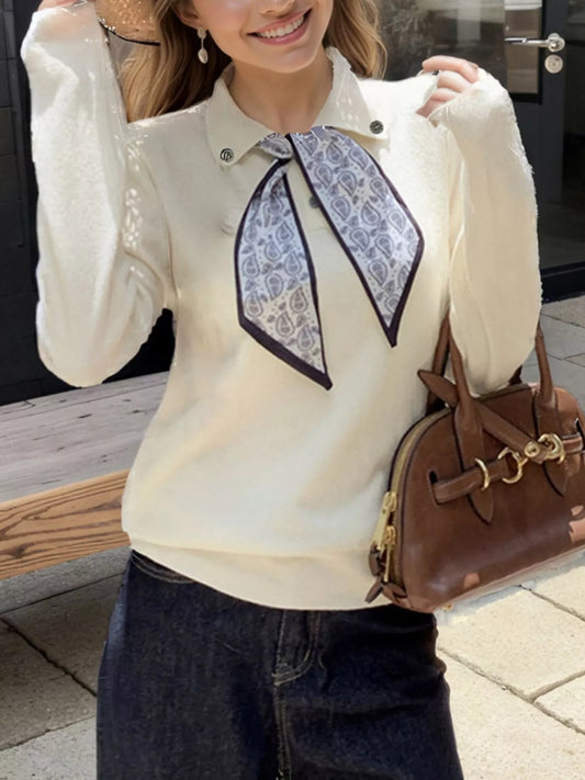 Scarf-Accented Long Sleeve Sweater