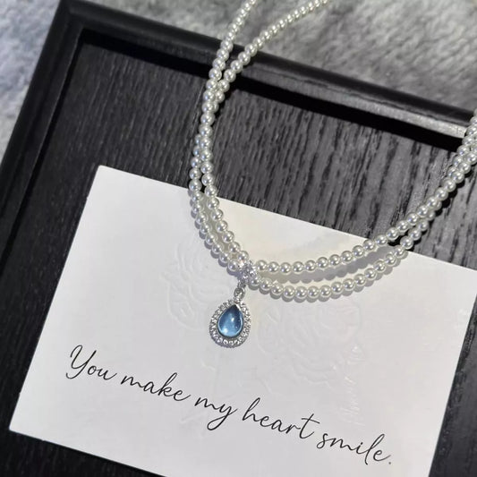 Double Layered Pearl Necklace with Teardrop Pendant
