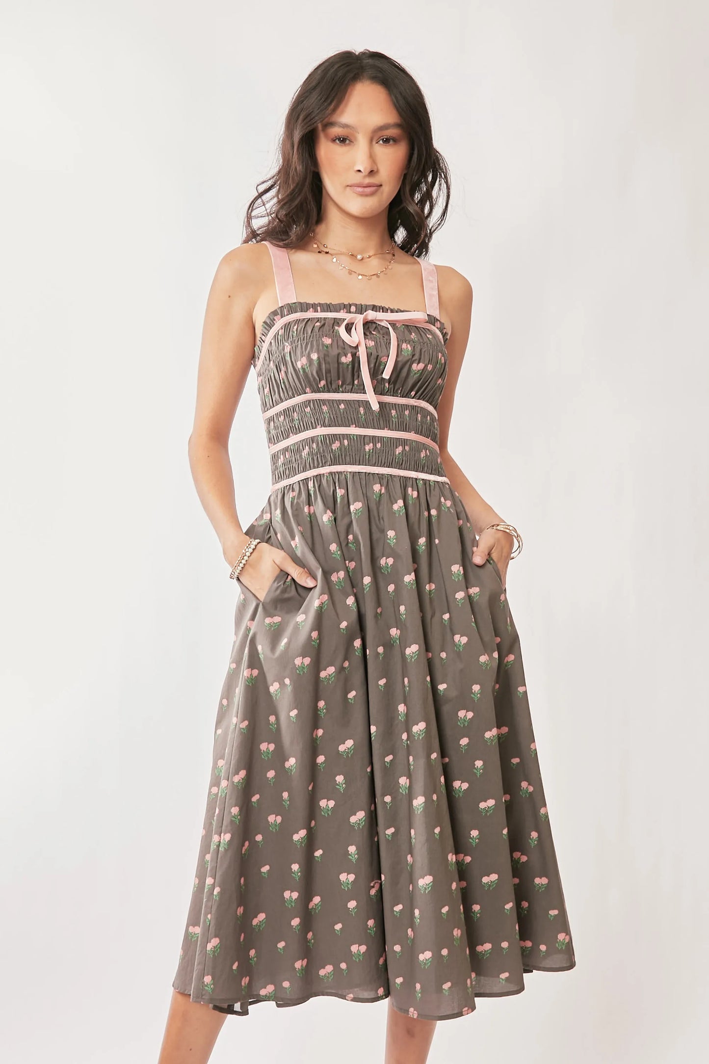 Davi & Dani Contrast Velvet Tape Smocking Bodice Midi Dress