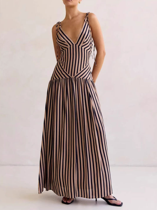 Striped V-Neck Tie-Shoulder Maxi Dress