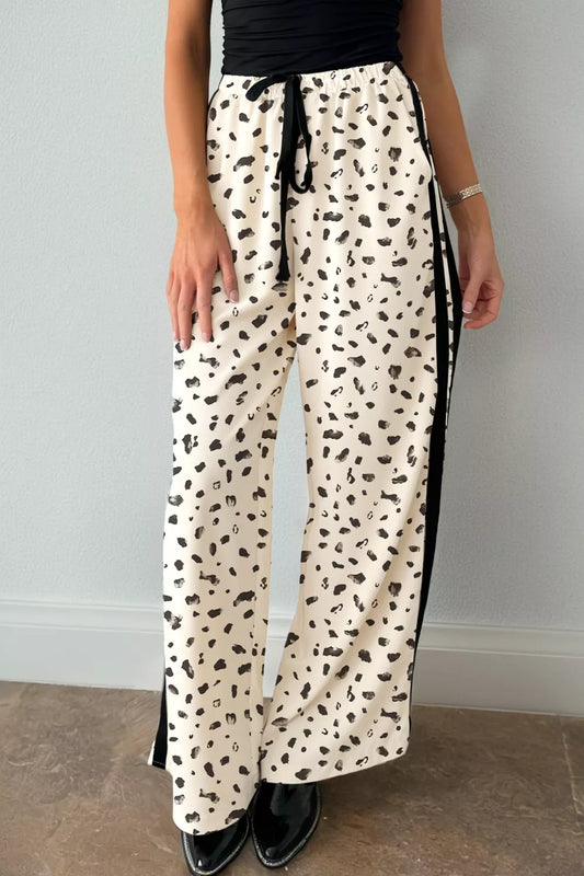 Leopard Print Side Stripe Detail Loose Drawstring Pants