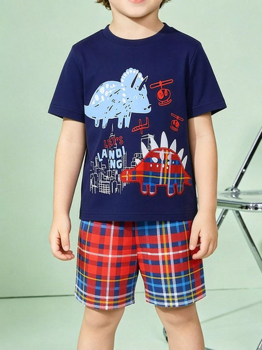 Children's Dinosaur Graphic Tee and Plaid Shorts Set
