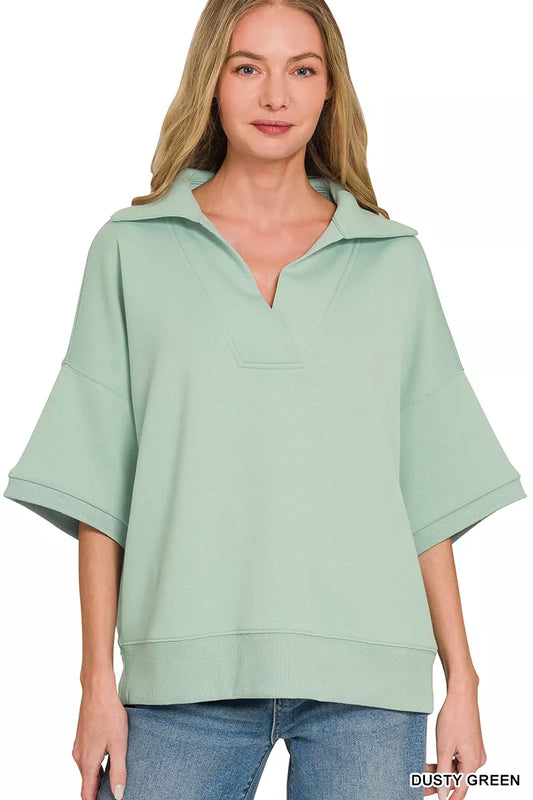 Zenana Scuba Collared Short Sleeve Pullover