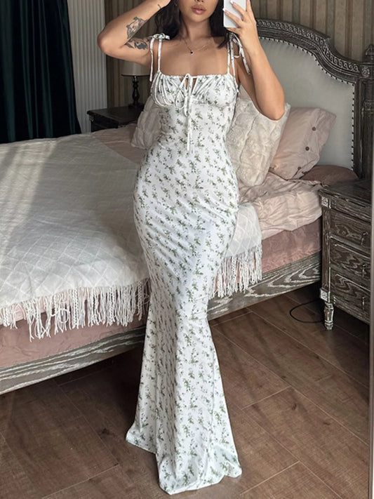 Floral Print Tie Strap Bodycon Maxi Dress