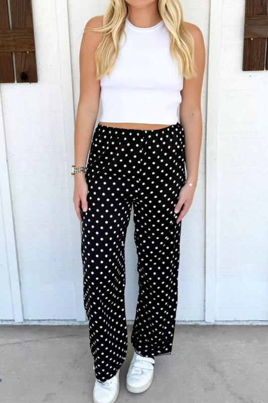 Polka Dot Print Elastic Waist Lace Hem Loose Pants