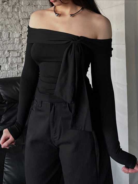 Off-Shoulder Tie-Front Long Sleeve Blouse