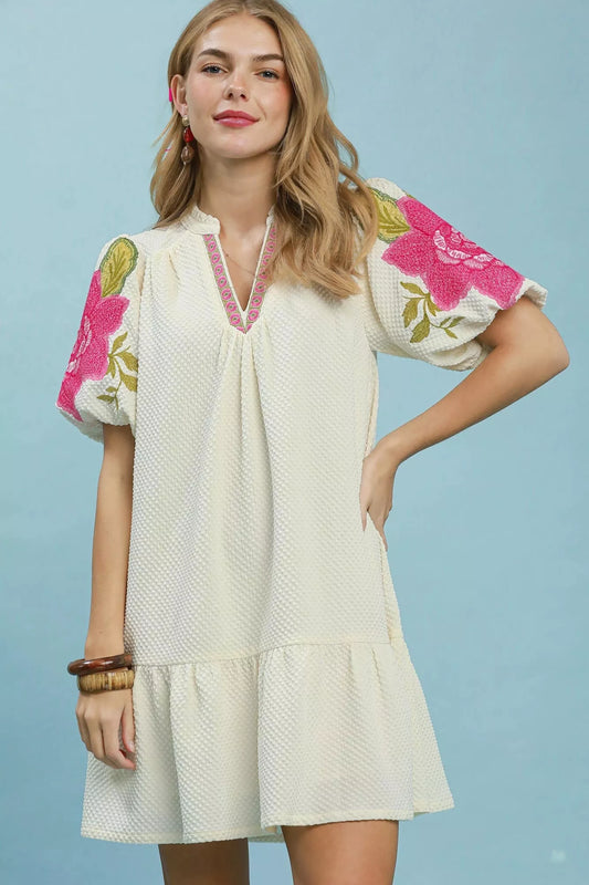 Umgee Floral Embroidered Textured Jacquard Dress