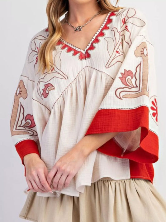 Printed V-Neck Top with Contrast Trim Details
