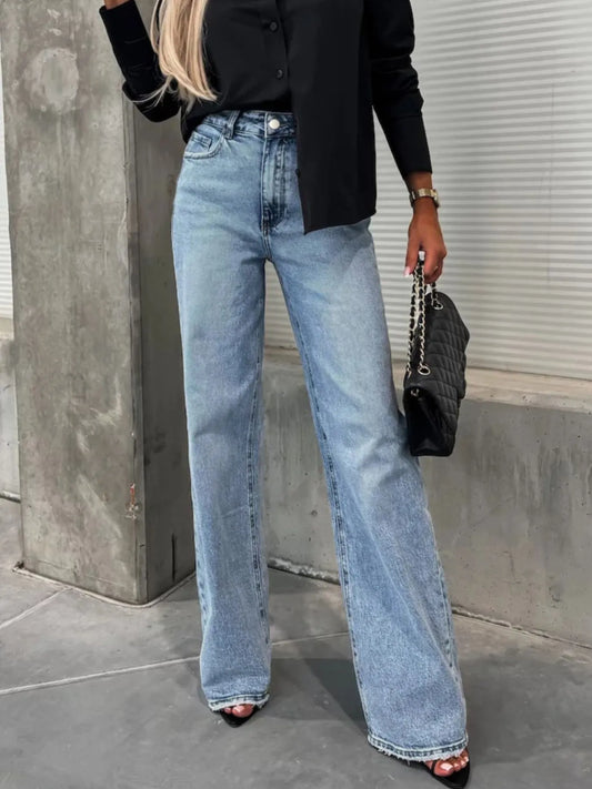 High-Waist Wash Raw Hem Jeans
