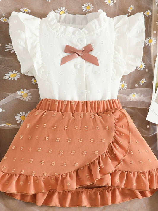 Children's Ruffled Trim Bowknot Blouse & Ruffle Hem Skirt Set