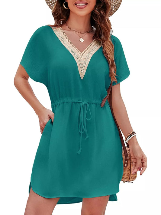Drawstring Waist V-Neck Mini Dress