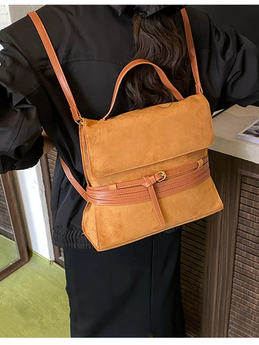 Suede Leather Belt Decor Backpack Bag