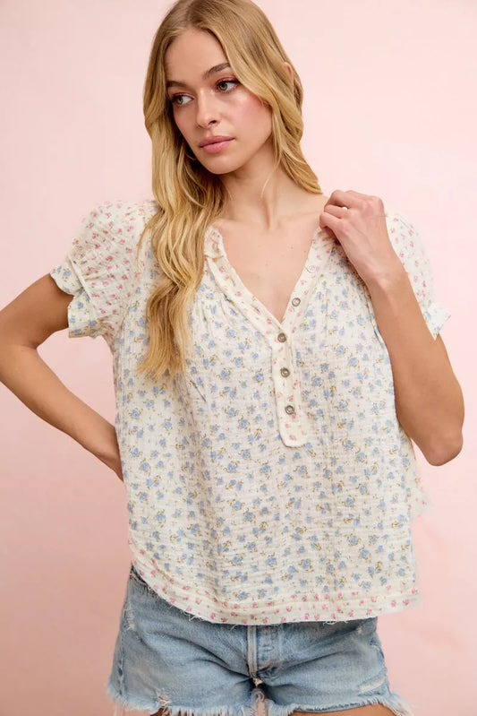 BiBi Floral Crinkle Neckdrop Short Sleeve Blouse Top