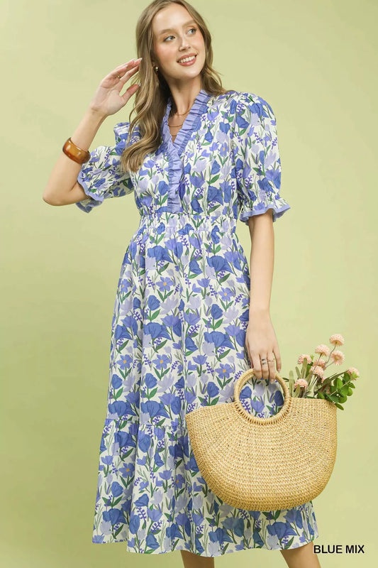 Umgee Floral Ruffle Trim Tiered Midi Dress