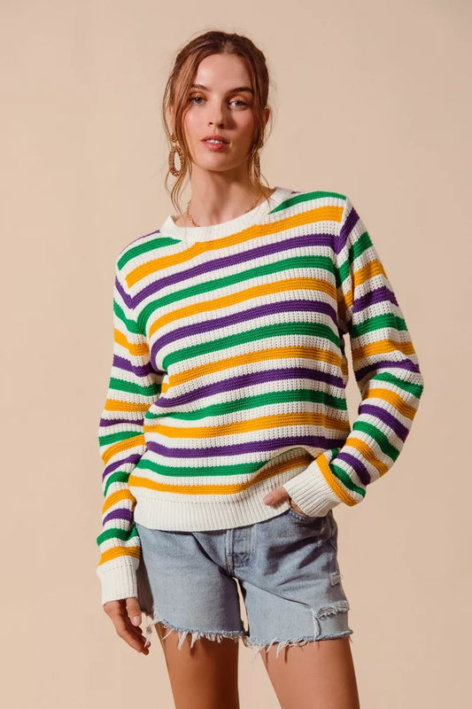 SO ME Mardi Gras Color Stripe Knit Sweater Top