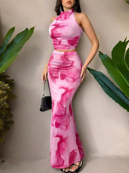 Tie-Dye Halter Top and Mermaid Skirt Set