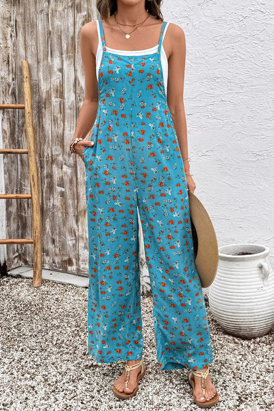 Floral Print Spaghetti Straps Loose Pocketed Jumpsuit