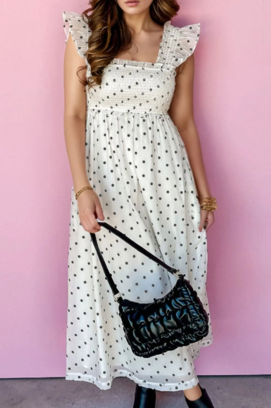 Polka Dot Ruffle Sleeve Smocked Midi Dress