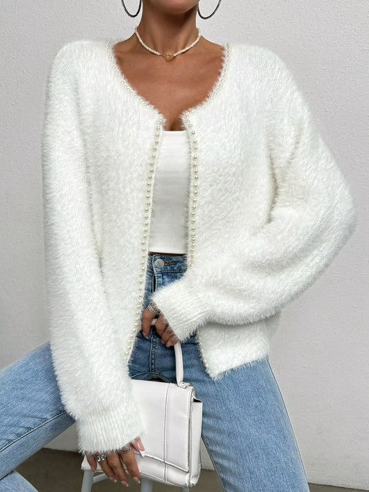 Pearl Trim Fuzzy Knit Cardigan