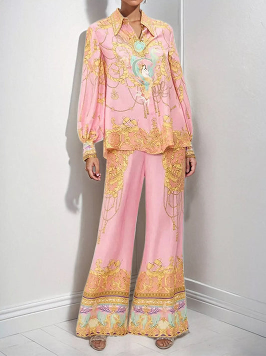 Printed Lantern Sleeve Top and Pants Set