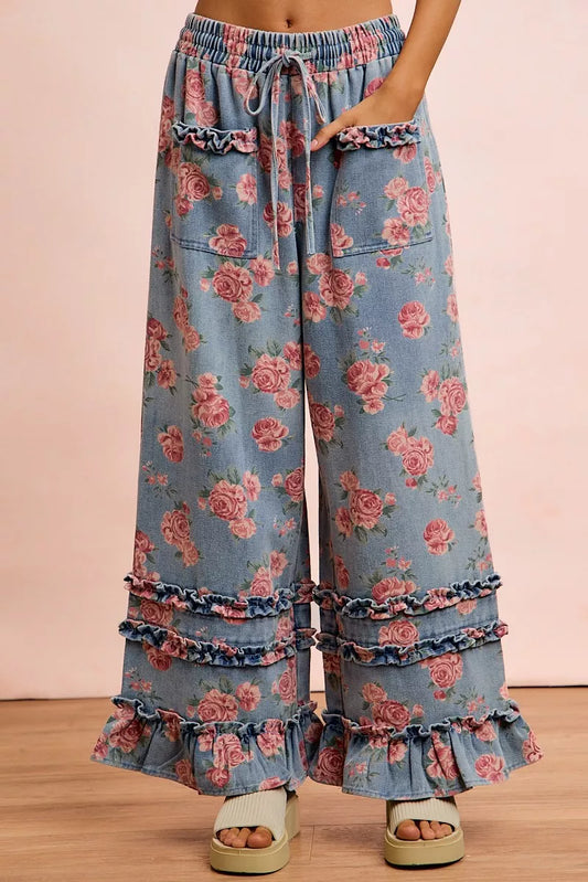 BiBi Washed Floral Denim With Ruffle Elastic Wide Pants