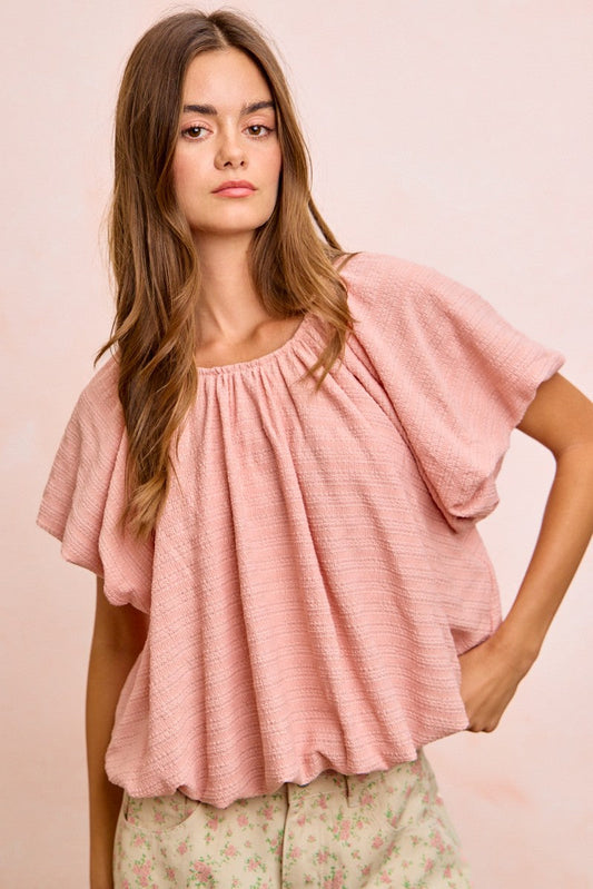 BiBi Stripes Textured Shirred Neckline Bubble Hem Top