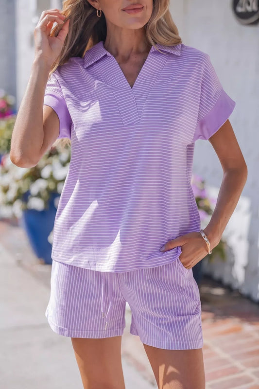 Stripe Dolman Sleeve Polo Shirt and Drawstring Shorts Set