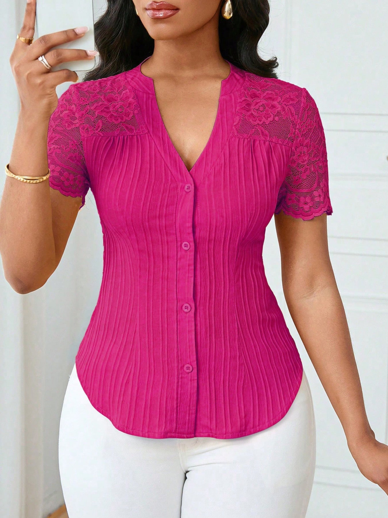 Lace Sleeve Button Up Shirt