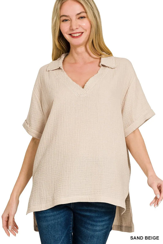 Zenana Double Gauze Short Sleeve High-Low Top