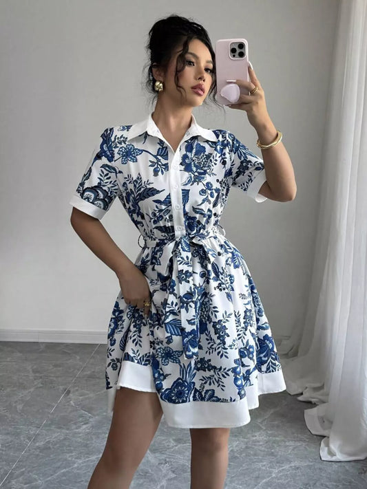 Printed Button Front Mini Dress