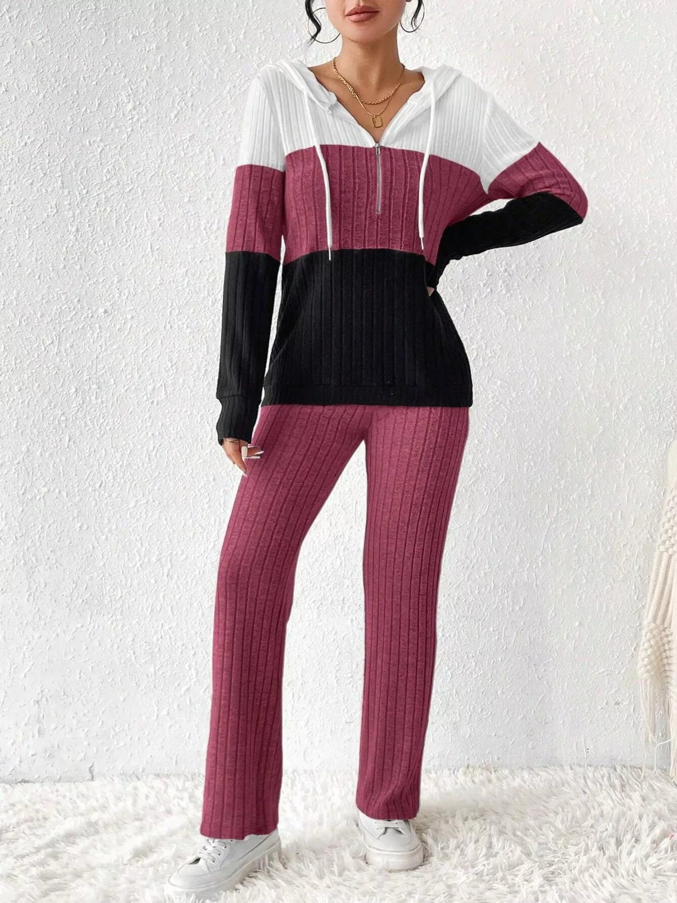 Color Block Half Zip Hooded Top and Pants Set