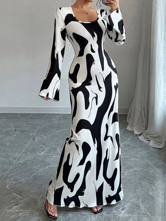 Abstract Print Long Sleeve Maxi Dress