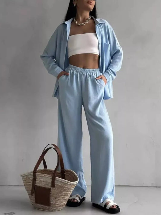 Relaxed Fit Shirt and Wide Leg Pants Set