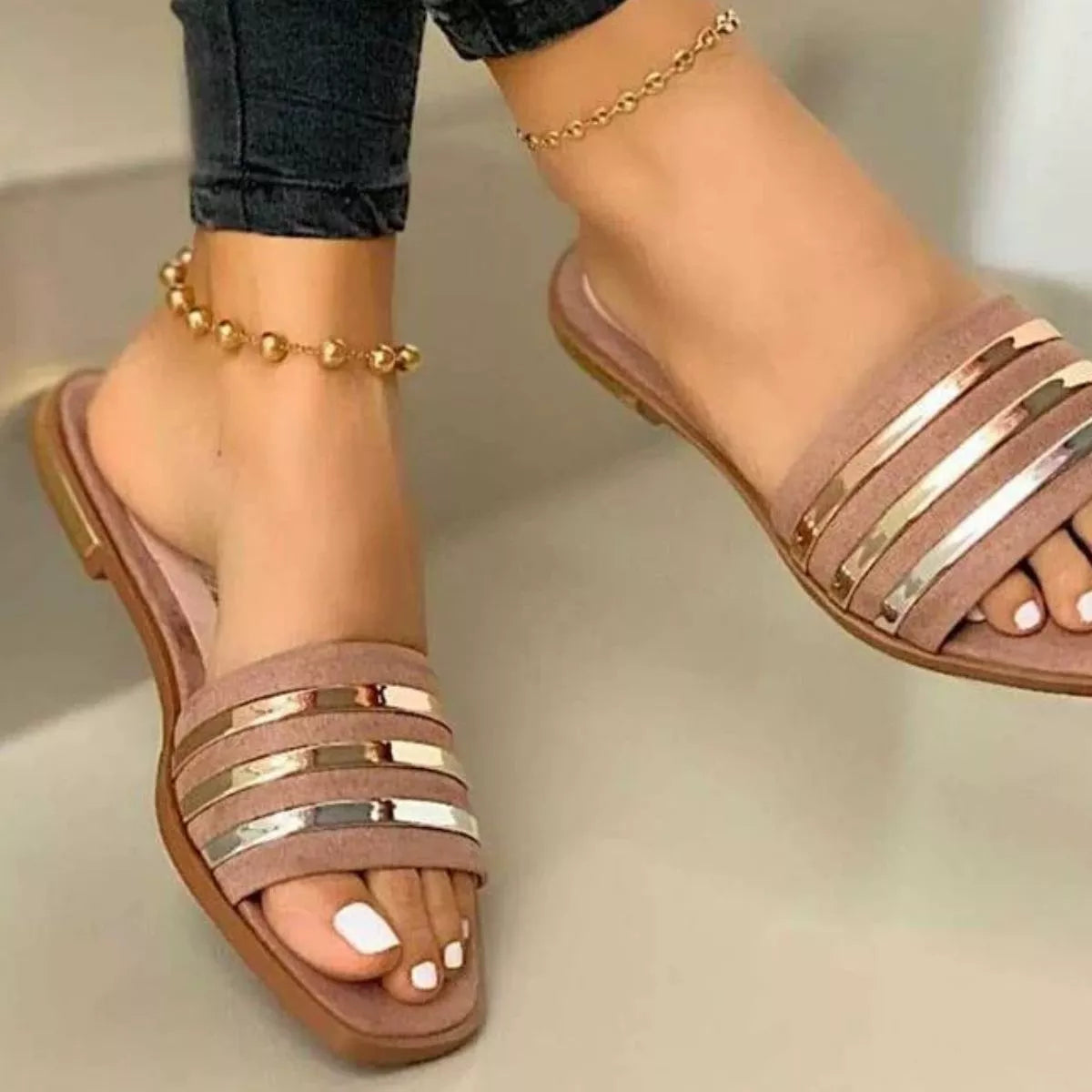 Open Toe Striped Flat Sandals