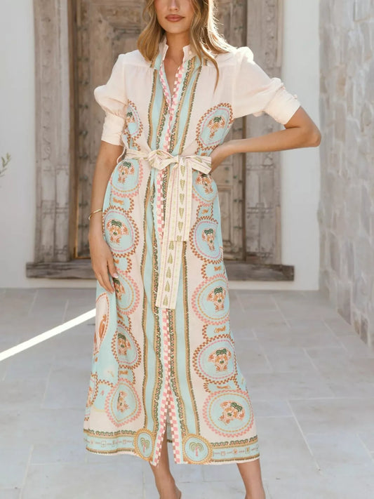 Printed Puff Sleeve Tie Waist Midi Dress